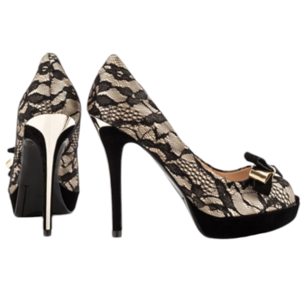 Guess Platform Peep Toe High Heel Pumps Black Lace Over Champagne Gold, 6.5M - Picture 2 of 15